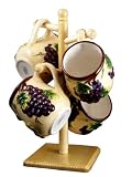 COFFEE MUGS W/ WOOD RACK HOLDER TUSCANY GRAPE DECOR
