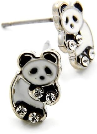 Crystal Panda Earrings H7 Tiny Black White Rhodium Studs Posts 3/8 by 1/4 inch Fashion Jewelry
