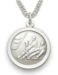 .925 Sterling Silver Ice Hockey Medal Pendant, St. Saint Christopher on Back Sports Jewelry w/Chain 20" Length Rhodium Plated Strong Stainless Steel Necklace, Gift Boxed for Boys, Girls, Men or Women