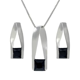 Sterling Silver Black Square Cut CZ Necklace and Earring Set