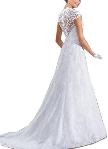 XiaoBLM V-Neckline Cap-Sleeve Lace And Tulle With Satin Wedding Gown US10 White