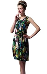 V-neck Flared-Skirt Floral Print Shirred Satin/Silk  Dress With a Ribbon 