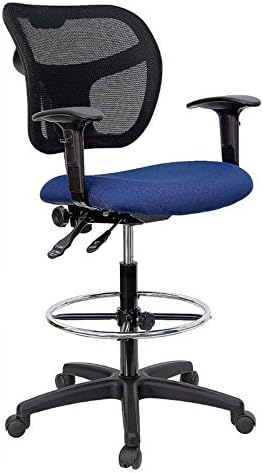 Welltrust Mid-Back Mesh Drafting Stool with Navy Blue Fabric Seat, Black, Fabric Covered, Without Arms