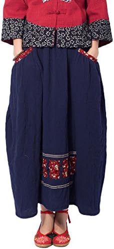 Chinoiserieschic Women's Linen Long Print Skirt, Navy