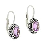 Sterling Silver .925 Genuine Amethyst Stone Oval Twist Border Dangle LeverBack Lever Back Earrings