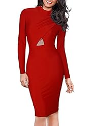 Sexy Long Sleeves Cutout Lace Stretchy Fitted Cocktail Knee Length Polyester/Spandex Round Neck Bodycon Dress/Club Dress/Evening Dress/Wedding Party Dress 