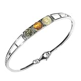 Certified Genuine Multicolor Amber and Sterling Silver Triple Stone Bangle