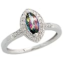 14k White Gold Marquise-shaped Stone Ring, w/ 0.10 Carat Brilliant Cut Diamonds & 0.63 Carat Marquise Cut (8x4mm) Mystic Fire Topaz Stone, 7/16" (11mm) wide