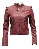 Ladies Burgundy Synthetic Leather Biker Jacket 2 Button Neck