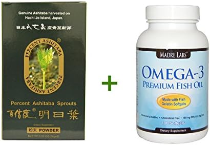 Percent Ashitaba, Ashitaba Sprouts Powder, 2 Packets 1.76 oz (50 g) Each,Madre Labs, Omega-3 Premium Fish Oil, 100 Fish Gelatin Softgels