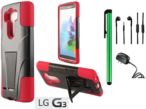 LG G3 Premium T-Stand / Side-Stand Hybrid Holster Design Protector Hard Cover Case (For 2014 LG New Flagship Android Phone) + Travel (Wall) Charger + 3.5MM Stereo Earphones + 1 of New Assorted Color Metal Stylus Touch Screen Pen (RED / BLACK)