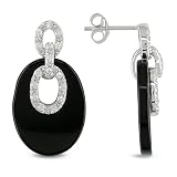 19x15mm Oval Onyx and 1mm Cubic Zirconia Accent Earrings in Silver