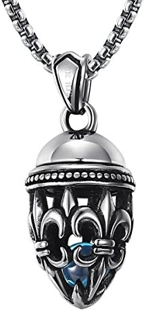 2ndLink Mens Oval Hollow Fleur de Lis Blue Agate Titanium Locket Necklace Pendant,22.5" Rolo Curb Chain