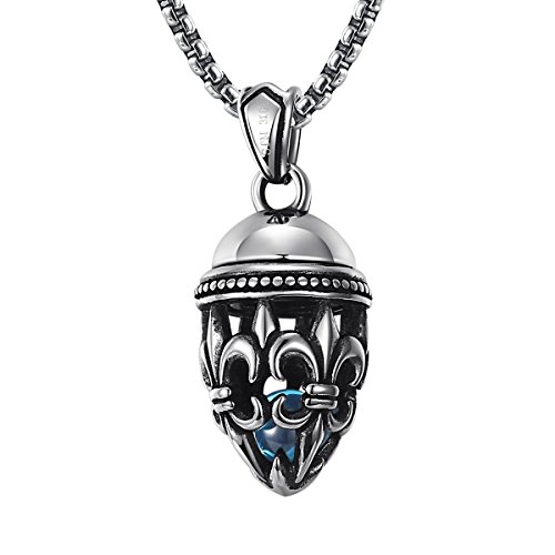 2ndLink Mens Oval Hollow Fleur de Lis Blue Agate Titanium Locket Necklace Pendant,22.5" Rolo Curb Chain