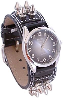 Beyond Women's Round Spike Watch - Black Leather Cuff Band