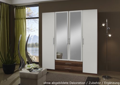 Kleiderschrank 4-trg. in Alpinweiß mit Abs. in Nussbaum-Dekor, mit 2 Spiegeltüren und 2 Schubkästen, Maße: B/H/T ca. 180/197/58 cm