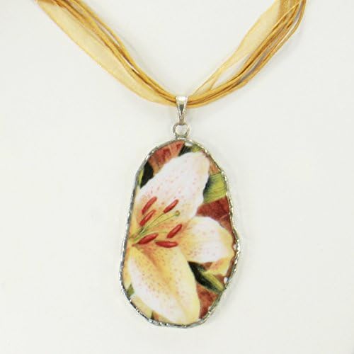Broken China Jewelry Pendant, Artistically Designed Lily China Pendant Necklace, Ribbon Included
