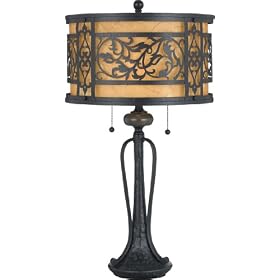 Quoizel Q704TK Aubrey 2-Light 28-1/2-Inch Table Lamp with Mottled Amber Parchment with Laser Cut metal Panels Shade, Mystic Black