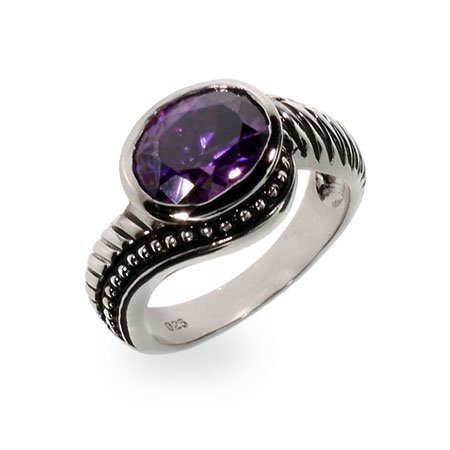 Oval Amethyst CZ Cable Sterling Silver Ring