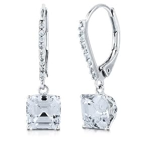 925 Sterling Silver Solitaire Leverback Earrings In Asscher Cubic Zirconia Cz (4.17 Ct.Tw)
