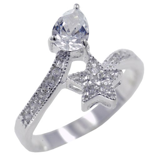 Sterling Silver Pear Cut Cz With Star Wrap Promise Cluster Right Hand Ring