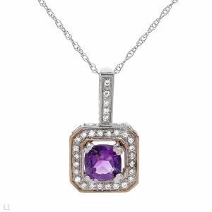 Necklace With 0.70ctw Precious Stones - Genuine Amethyst and Clean Diamonds Beautifully Crafted in 14K White Gold Length 18in