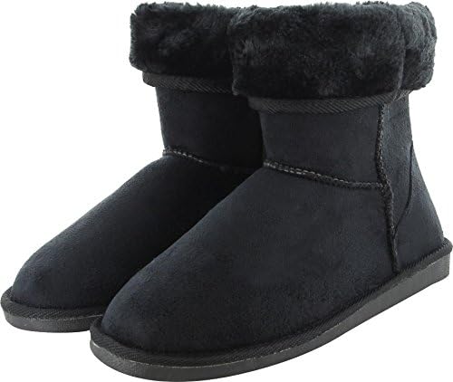 Womens Fur Boots Low Mid Calf Winter Faux Fur Shoes - Black
