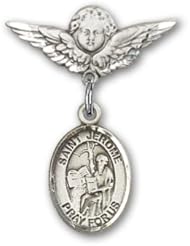 Sterling Silver Baby Badge with St. Jerome Charm and Angel with Wings Badge Pin