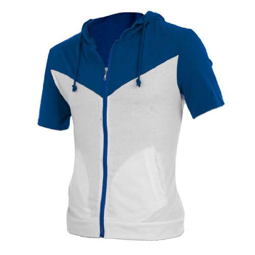 uxcell Men Drawstring Zipper Front Color Block Short Sleeves Hoodie