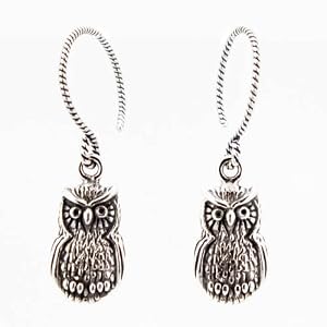 Wise Little Hoot Owl Dangle Earrings in Sterling Silver on a Twisted Sterling Silver 3/4 Hoop, #7456