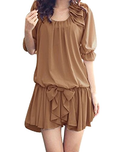 Allegra K Lady Half Sleeve Bowknot Decor Elastic Waist Ruffled Embellished Dress