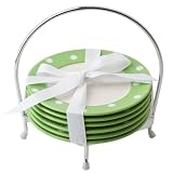 Signature Housewares Dots 6-Piece 6-Inch Plate Set with Caddy, Green