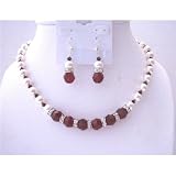 Brd504 White Pearls Swarovski Maroon Crystals 10mm Jewelry Set w/ Silver Rondells & Sterling Silver Earrings