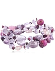 Sterling Silver Berry Colored Genuine Multi-Stone, Crystal and Freshwater Keshi Cultured Pearl 3-Row Bracelet, 7.5"