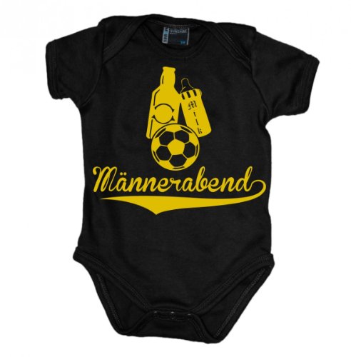 Männerabend mit Milch, Bier und Fussball Babybody kurzarm gelb-print, Grösse:68;Farbe:schwarz
