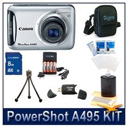 Canon PowerShot A495 Digital Camera (Silver), 10.0 MP, 3.3x Optical Zoom w/ Digpro Deluxe Carrying Case, 3pc. Lens Cleaning Kit, 8 GB Memory Card, Hi-Speed SD USB 2.0 Card Reader, Mini Tripod, Screen Protectors, 4 2900mah AA Batteries w/ Charger