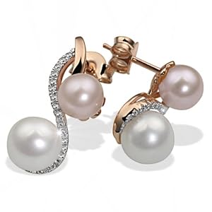 Goldmaid Damen-Ohrstecker 585 Rotgold 4 Süsswasserperlen weiss rosa 34 Diamanten 0,2ct Pe O3363RG