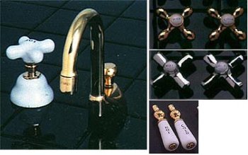 Brass & Porcelain Widespread Lav Faucet w/ Gooseneck - Deco Cross Handles - Lacquered Brass