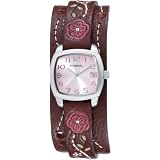 Fossil JR8780 Ladies Brown Leather Floral Stitch Strap Watch with Pink Analog Dialby Fossil