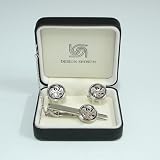 Mother of Pearl White Phoenix Design Round Tie Clip Bar Clasp Pin Tack Tac and Cufflinks Set