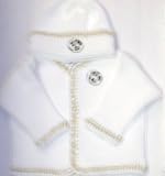 Knitted on Hand Knitting Machine White Cotton Hand Crochet Finished with Beige Chenille Infant Boys Cardigan Hat Set