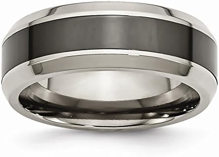 Titanium Base with Polished Black Ceramic Center Beveled 7.5mm Wedding Band Ring, Size 10, Rings For Men