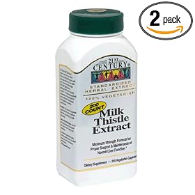 21st Century Standardized Herbal Extract Capsules, Milk Thistle Extract, Maximum Strength, 200-Count Bottles (Pack of 2)