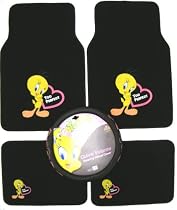 Happy Tweety Bird with Hearts Auto Accessories Interior Kit - Front & Rear Floor Mats, Steering Wheel Cover, and Decal Set
