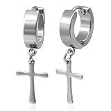 Stainless Steel Hinged Drop Hoop Cross Earrings