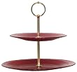Bottom Painted Glass Fleur De Lis Design Red Two Tiered Petit Four Plates 10" H
