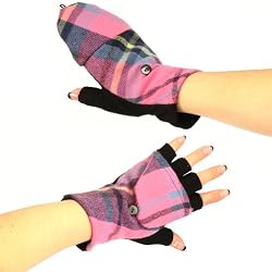 Winter Wool Plaid Flip Top Fingerless Snug Gloves Pink