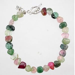 Pink and Green Tourmaline Bead Bracelet with Sterling Silver, #9392 by