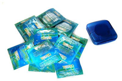 Trustex Blue Colored Premium Latex Condoms Lubricated 12 condoms with Travel Condom Compact