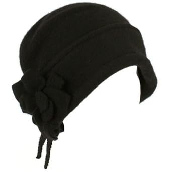 100% Wool Winter Cloche Crushable Foldable Bucket Flower Tassle Church Hat Black